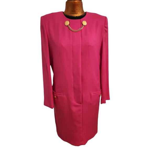 Vintage 1980s Depeche Mode Hot Pink Sheath Dress Gold Button Chain Front Size 10 - Picture 4 of 10